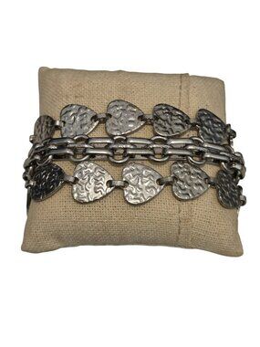 1946 Hammered Silver Tone Heart Three Row Adjustable Bracelet